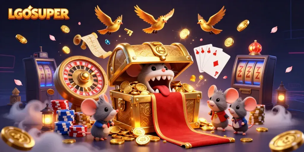 Engage with LGOSUPER's vibrant online casino experience, featuring a treasure chest luring adventurers with abundant rewards.