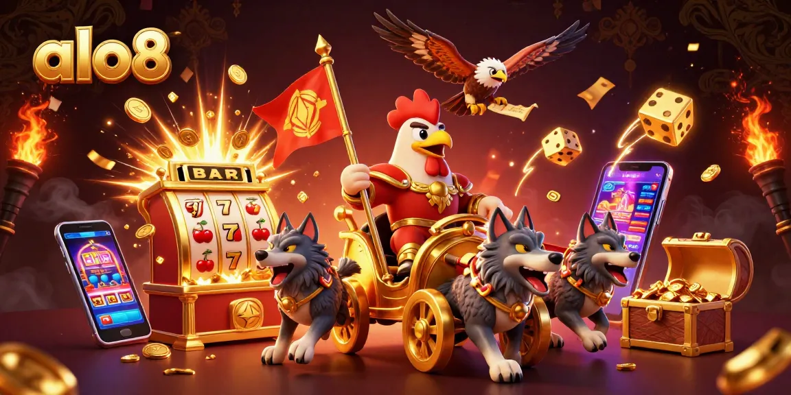 Experience the thrill of alo8 with a cartoon rooster warlord leading a dynamic casino scene.