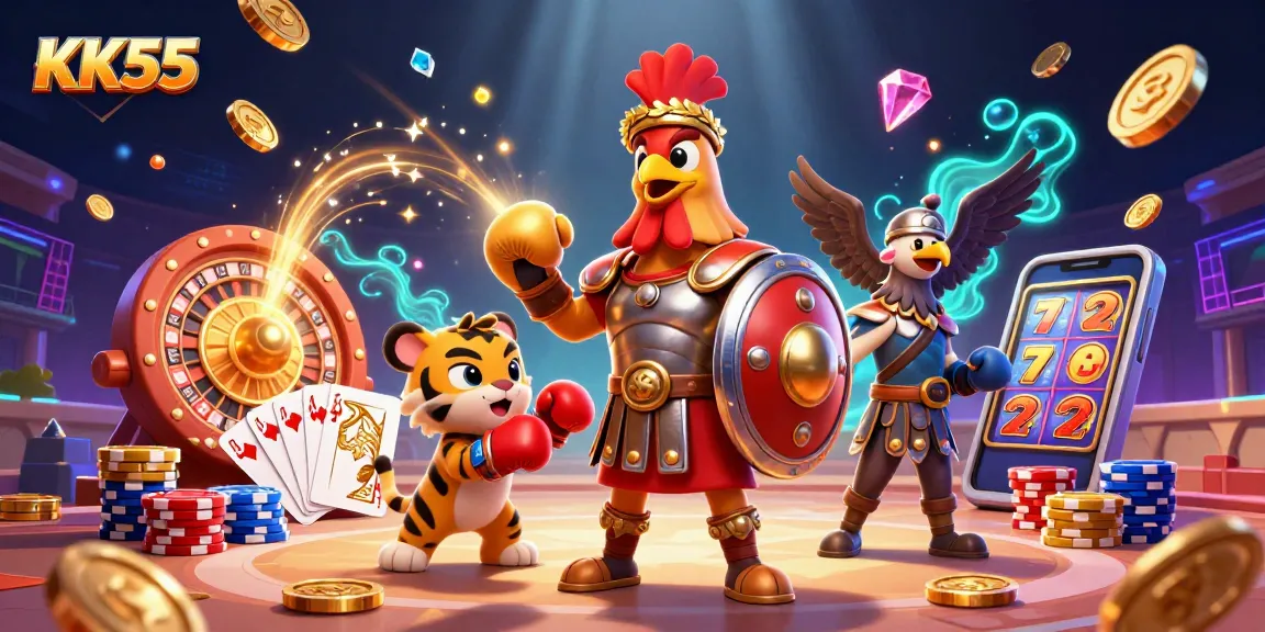Engage in thrilling gameplay at KK55, featuring dynamic casino elements like golden coins and roulette.