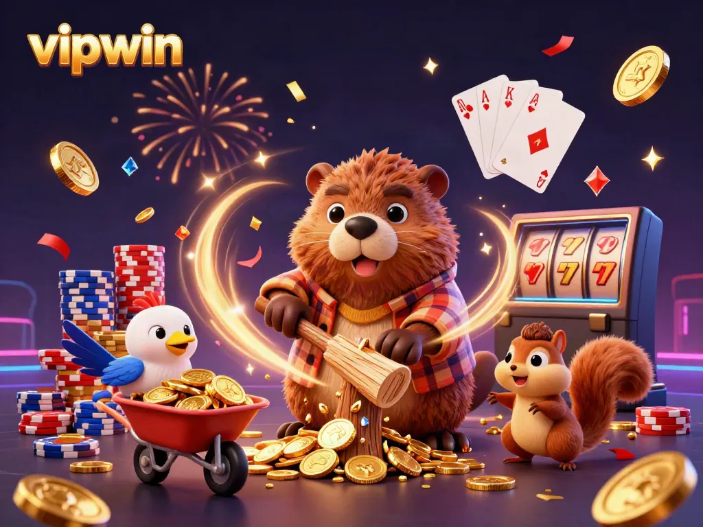 Engage in thrilling gameplay at vipwin with beaver, bird, and squirrel amidst golden coin rain.