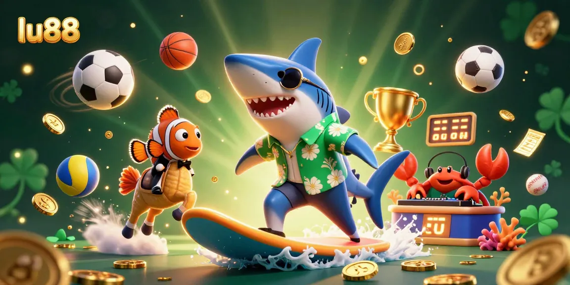 Exciting scene with lu88 featuring a hammer-head shark surfing gold coins, symbolizing casino winnings.