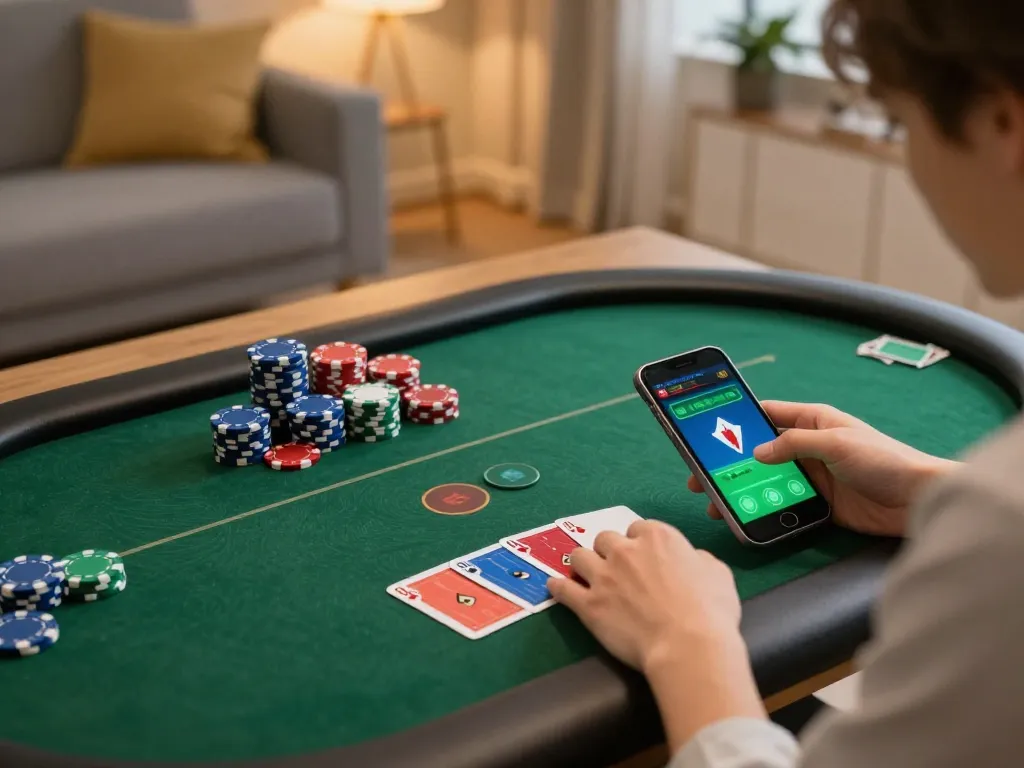 Player engaging in an online poker game on sc 88 platform, showcasing strategy and excitement in a cozy home