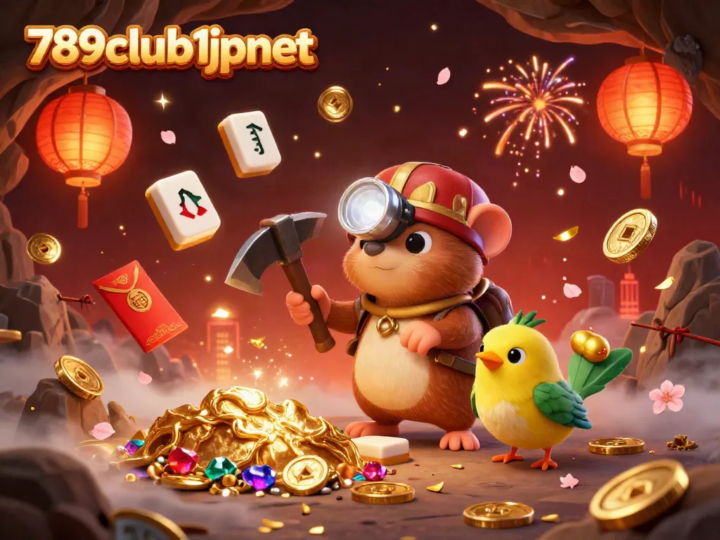 Experience thrill and excitement with 789club1jpnet featuring a treasure hunter mole in a dynamic casino-themed illustration.