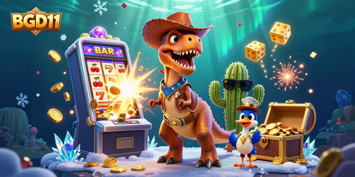 BGD11 showcases a lively gaming scene with a cartoon T-Rex, jackpot vibes, and thrilling casino elements.
