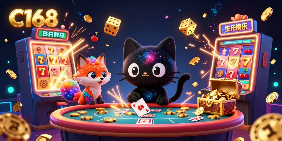 C168 slot game excitement with a black hole cat and nebula fox in a cosmic casino.