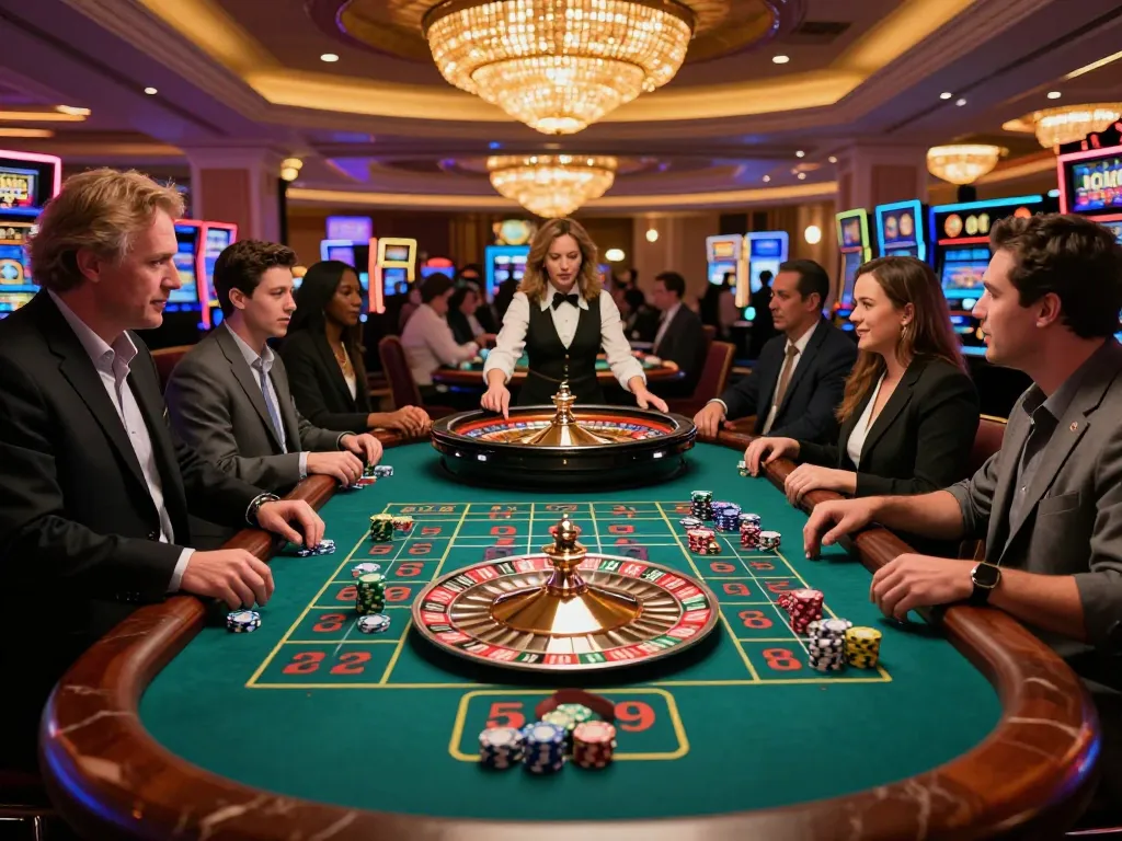 Players engaged in roulette at casino table, excitement builds around number 5679 with vibrant chips and elegant atmosphere