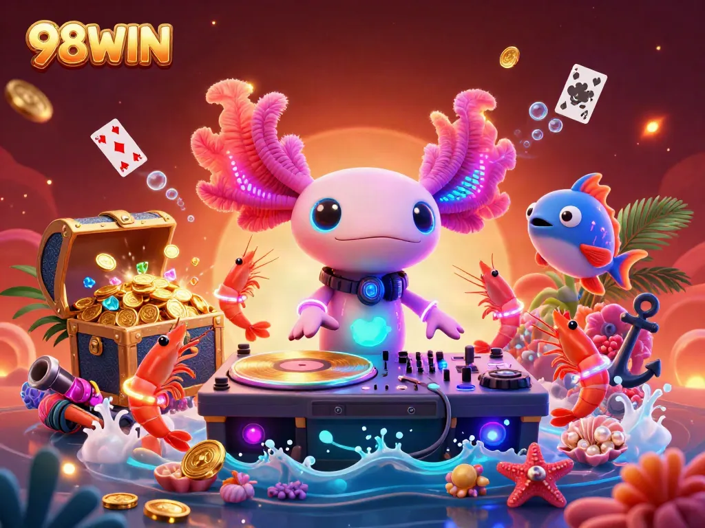Engage with 98WIN through an immersive underwater casino scene featuring a vibrant axolotl DJ and playful sea creatures.