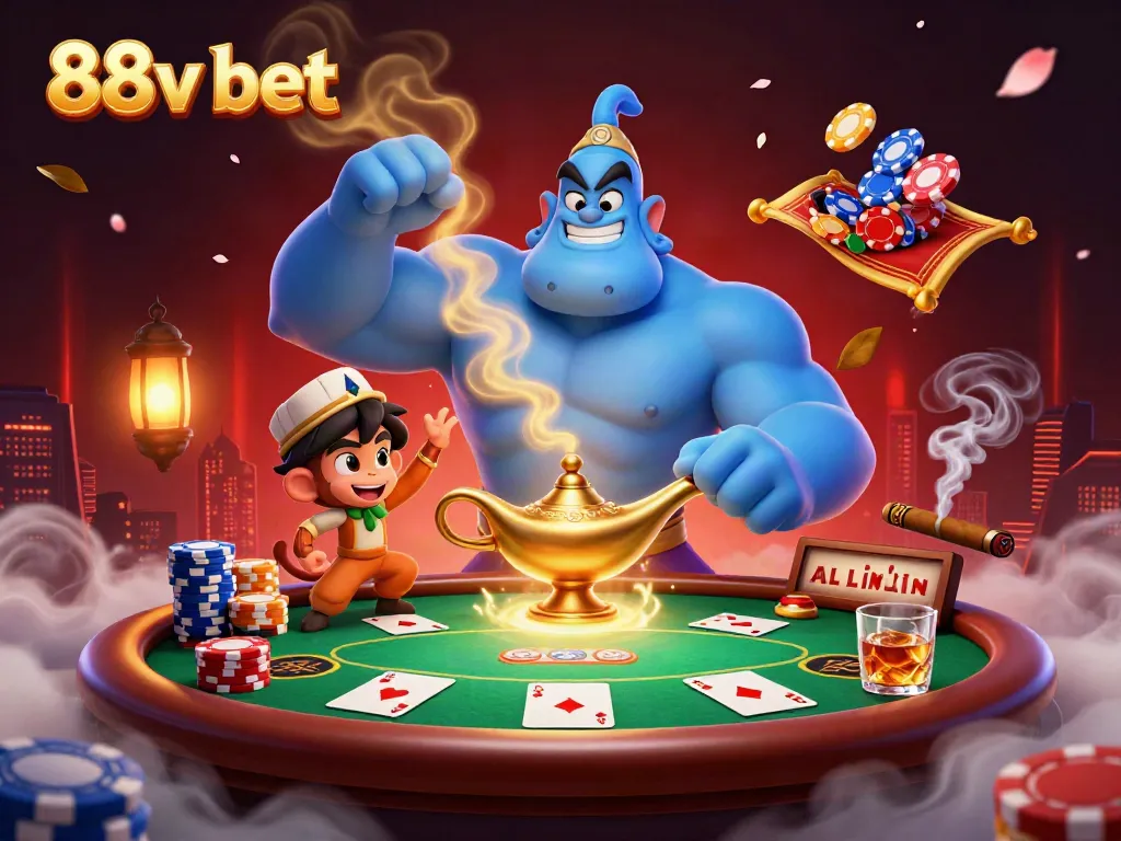 Engage with thrilling casino action in 88v bet's fantastical 3D illustration featuring a genie, monkey, and poker elements.
