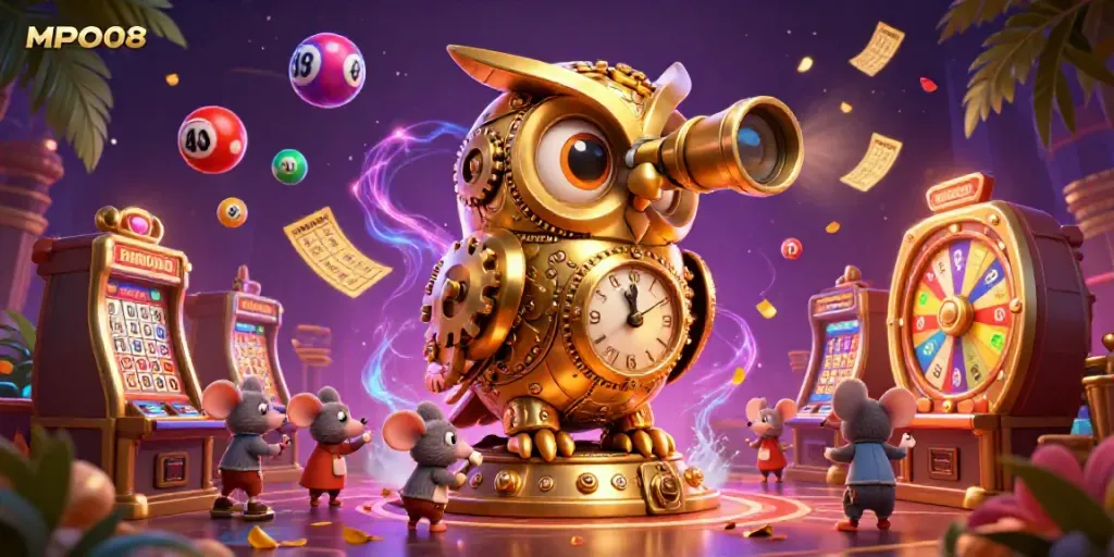 MPO08 engages users with vibrant casino-themed visuals of a golden owl surveying exciting games.