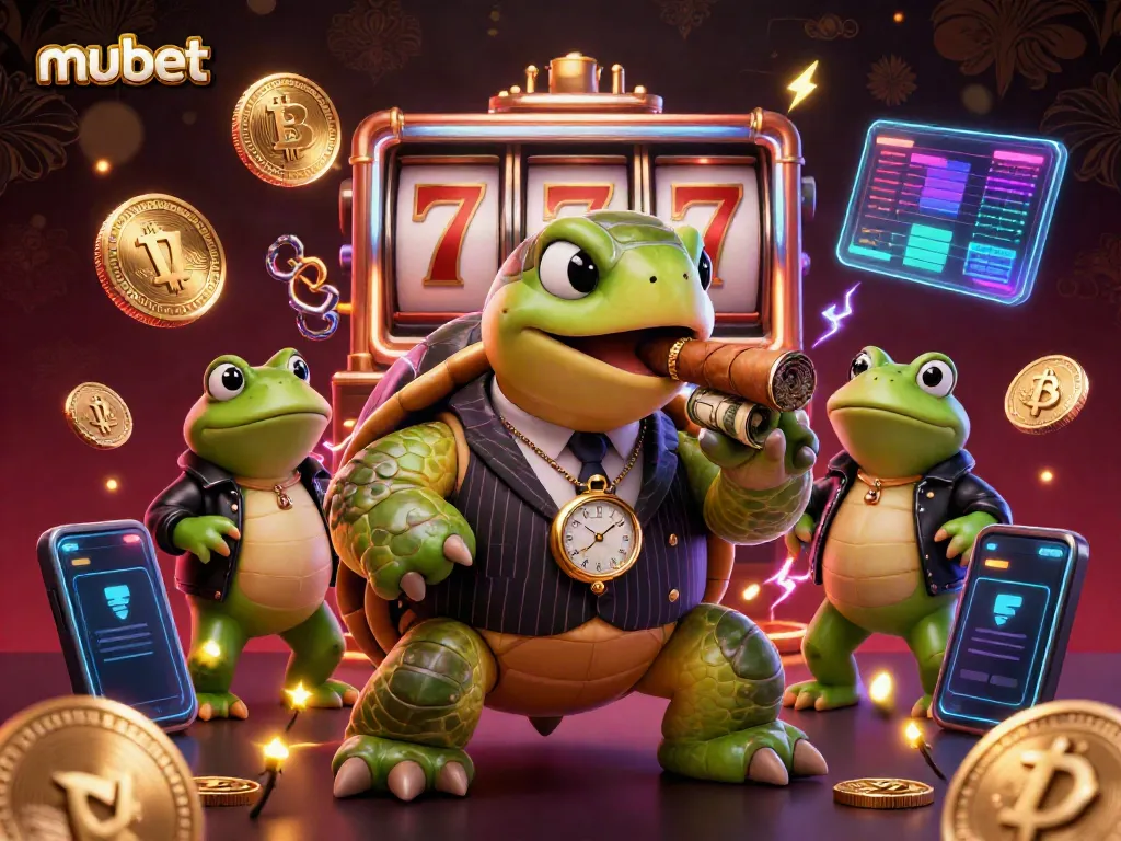 Engage in mubet action with a cartoon turtle mobster and frog enforcers surrounded by neon coins.