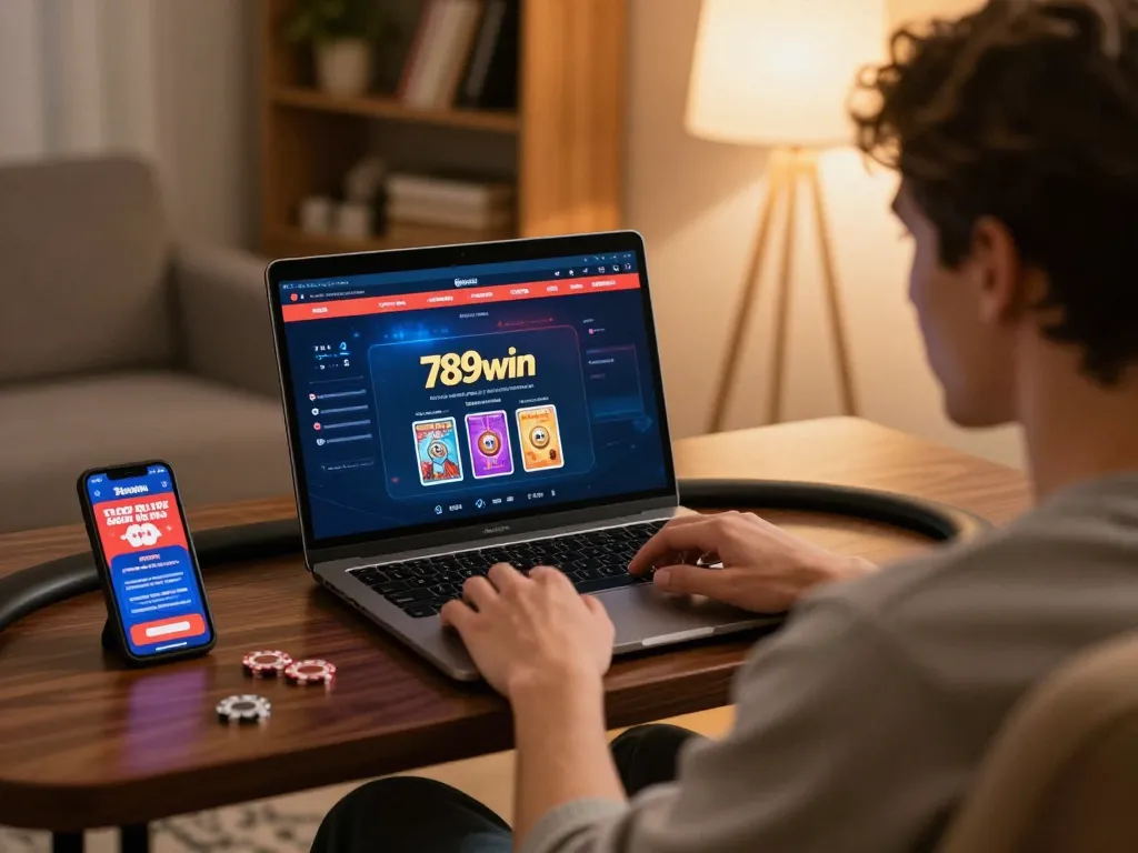 Engage in online gaming with 789win's poker interface, showcasing an at-home player setup.