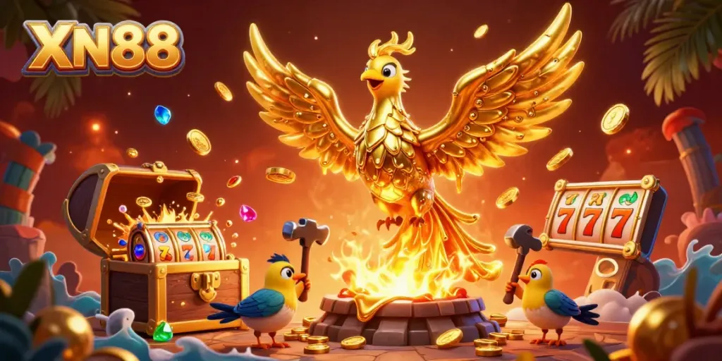 Experience the vibrant gold and excitement of XN88's casino world with molten phoenix and slot reels.