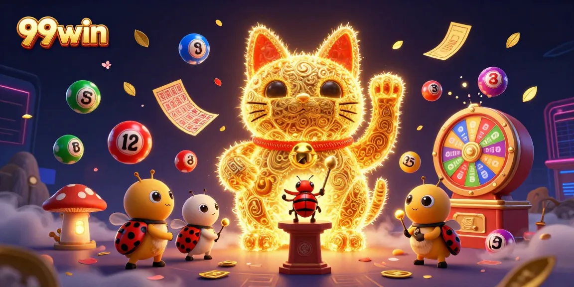 Experience the thrill of 99win’s dynamic games with a vibrant lucky cat and colorful lottery elements.