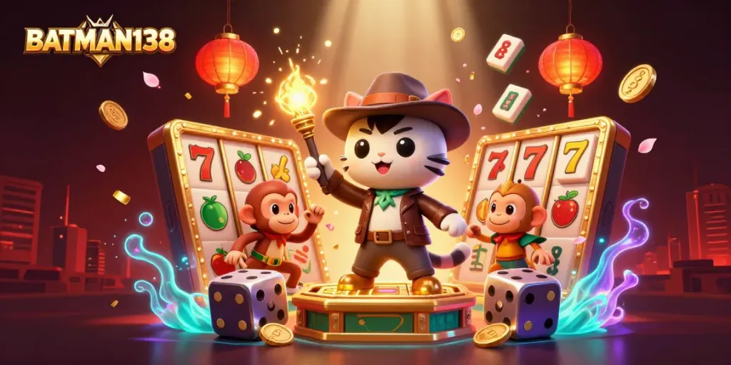 Menangkan jackpot dengan BATMAN138, kucing arkeolog memegang artefak kasino emas