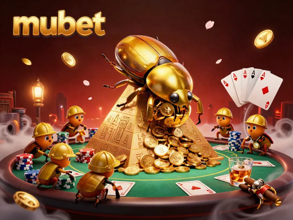 Engage with mubet's gaming excitement featuring gambling elements and golden beetles in a vibrant casino scene.