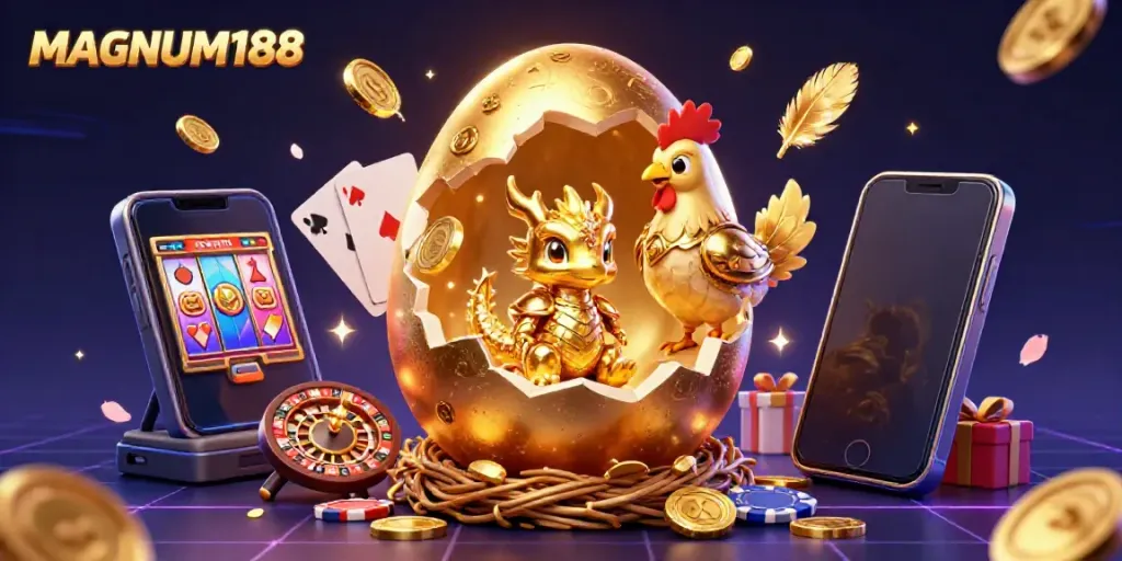 Experience the magical world of MAGNUM188 with a golden dragon and poker chips in a 3D casino scene.