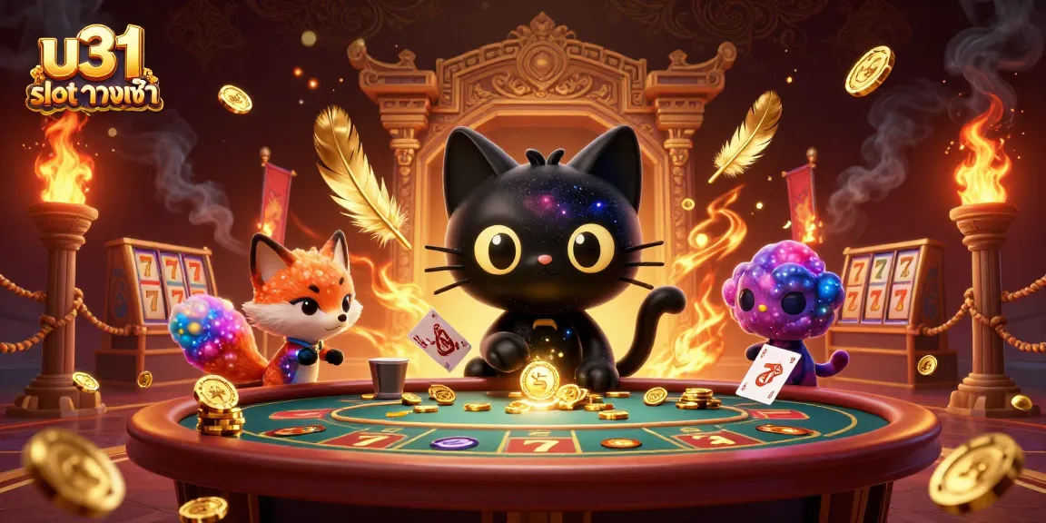 เล่นเกม u31 slot ทางเข้า ด้วยการ์ตูนแมวสีดำที่มีรูปร่างเหมือนหลุมดำที่ดึงชิปทองและการ์ดในคาสิโน