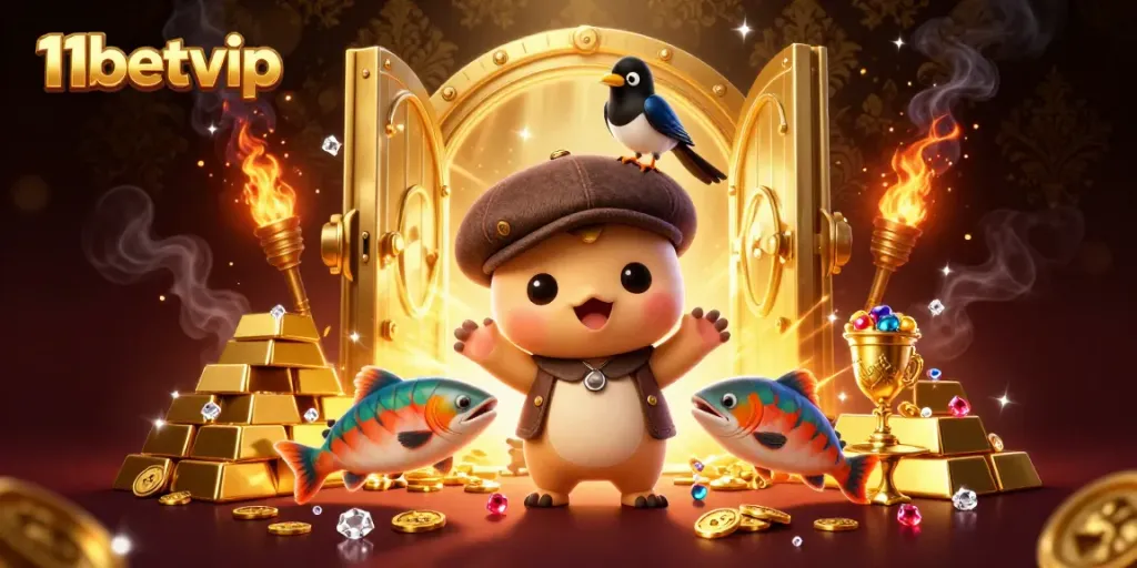 Join 11betvip for exciting adventures as baby Nessie and friends discover golden treasures in a captivating casino scene.
