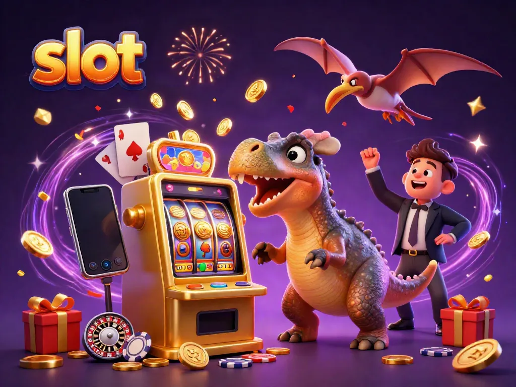 Experience thrilling slot action with a dinosaur-themed jackpot scene featuring colorful coins and casino elements.