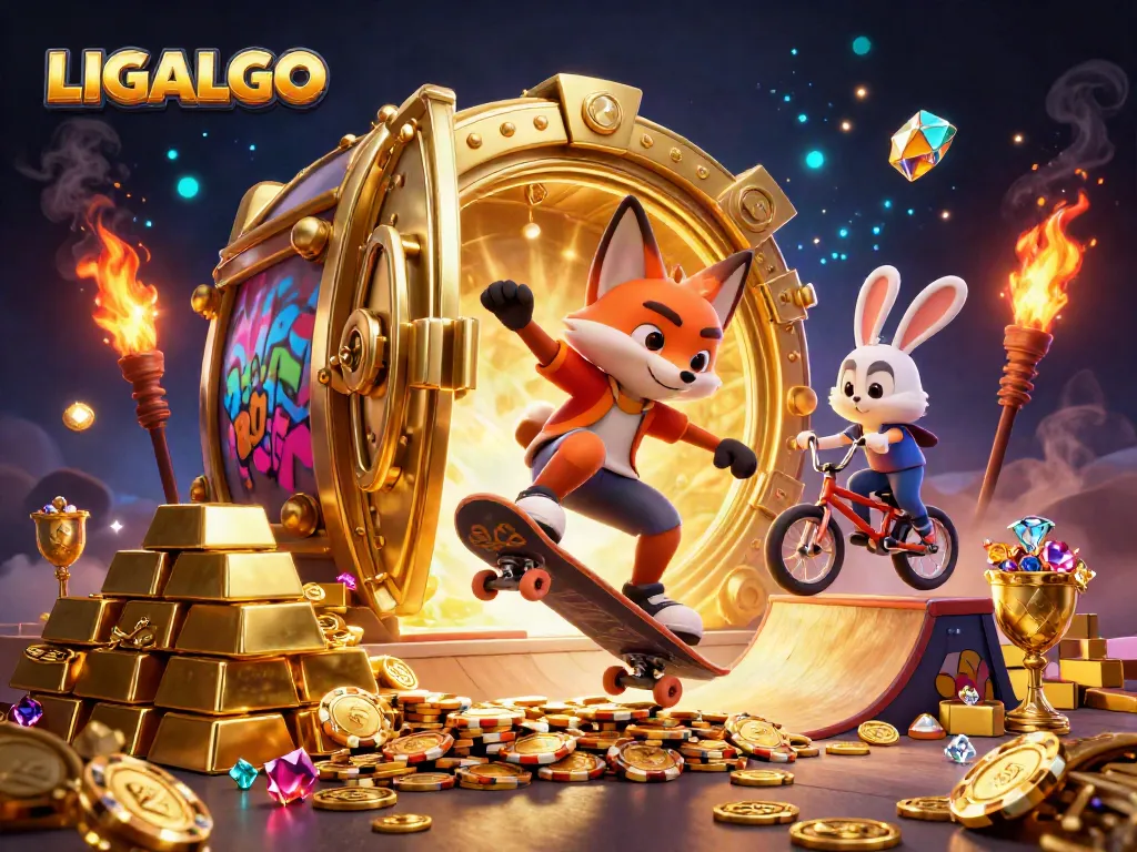 LIGALGO showcases a vibrant scene with a skateboarder fox and BMX rabbit in a casino-themed illustration filled with gold.