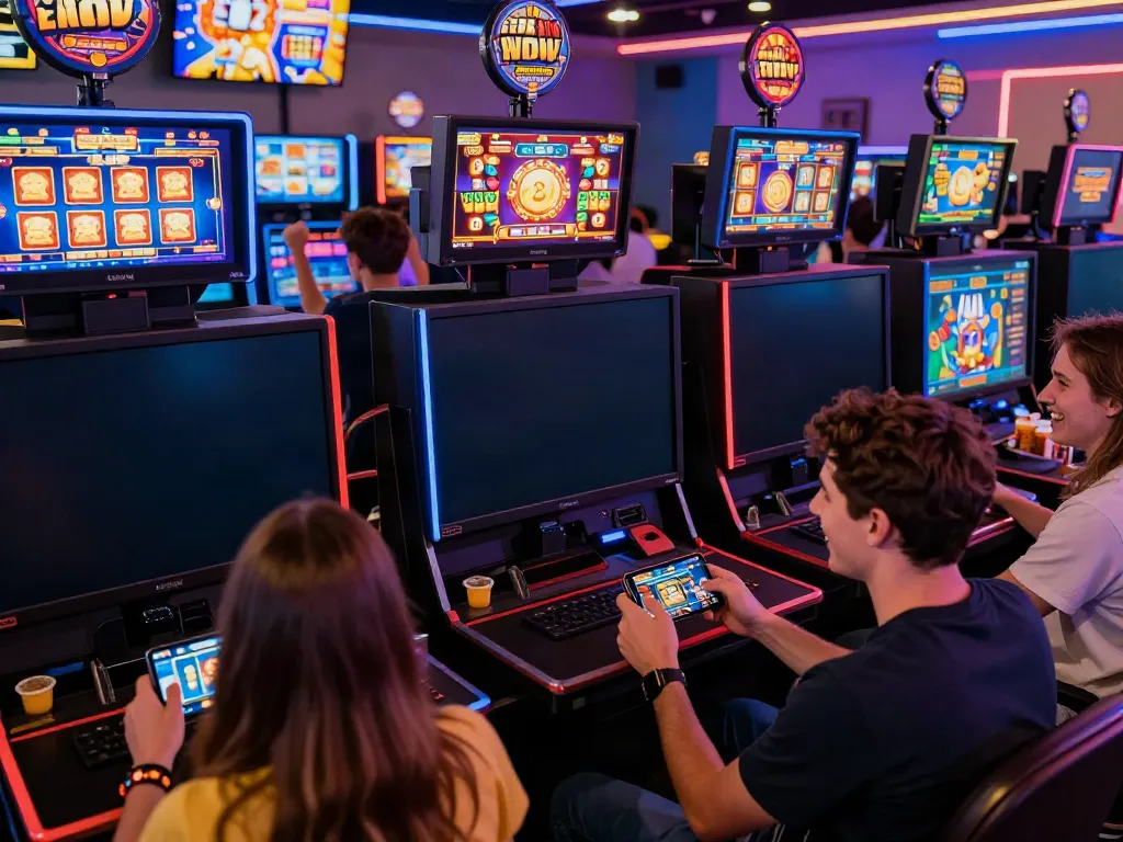 Exciting DA88 online gaming experience with players enjoying diverse slot games in a vibrant lounge.