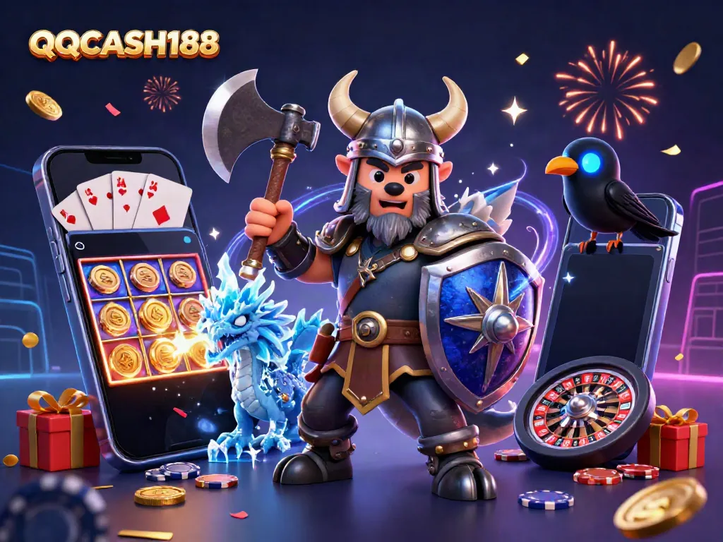 Experience thrilling gameplay with QQCASH188 featuring a Viking wolf warrior, dragon, and vibrant gaming elements.