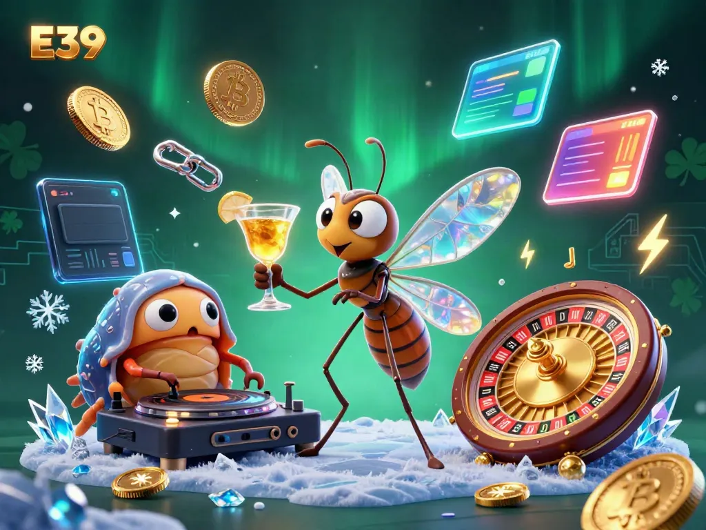 Engage with E39's vibrant casino scene featuring a lively casino mascot and interactive gaming elements.