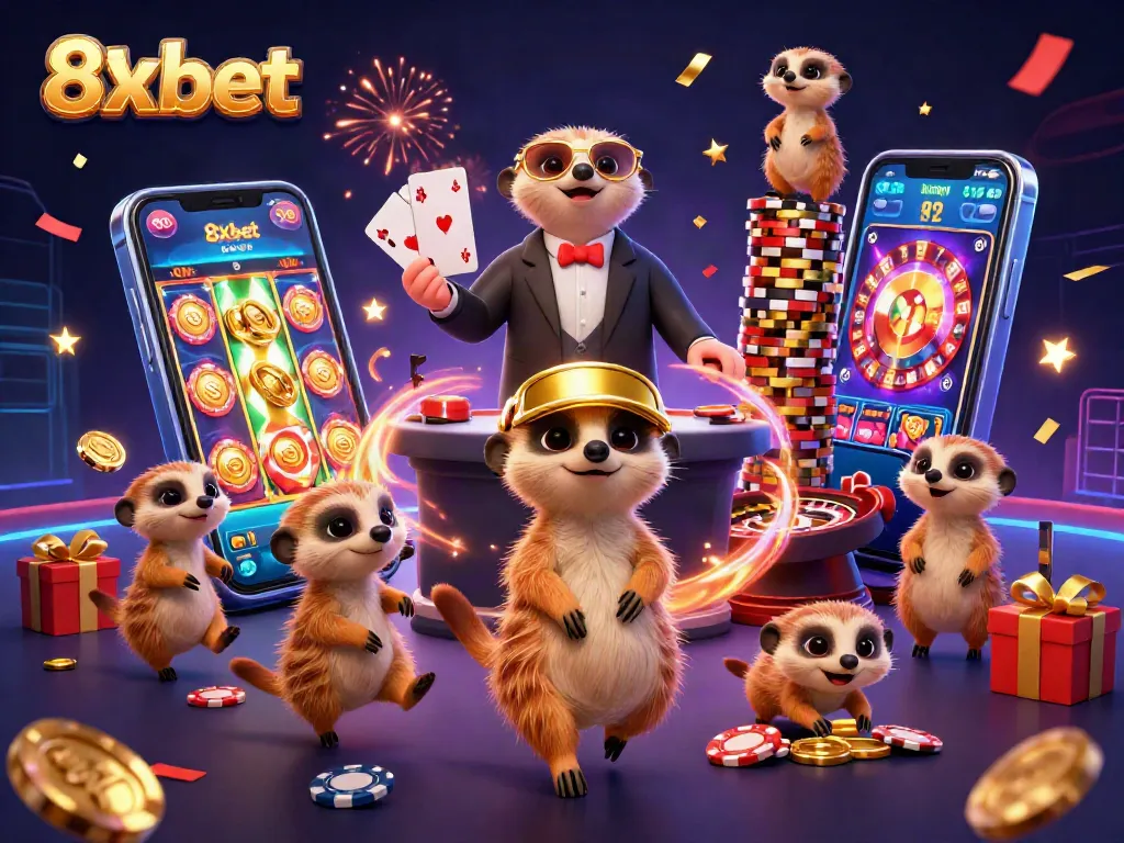 8xbet meerkats thrilling casino scene with colorful slots, chips, and festive fireworks