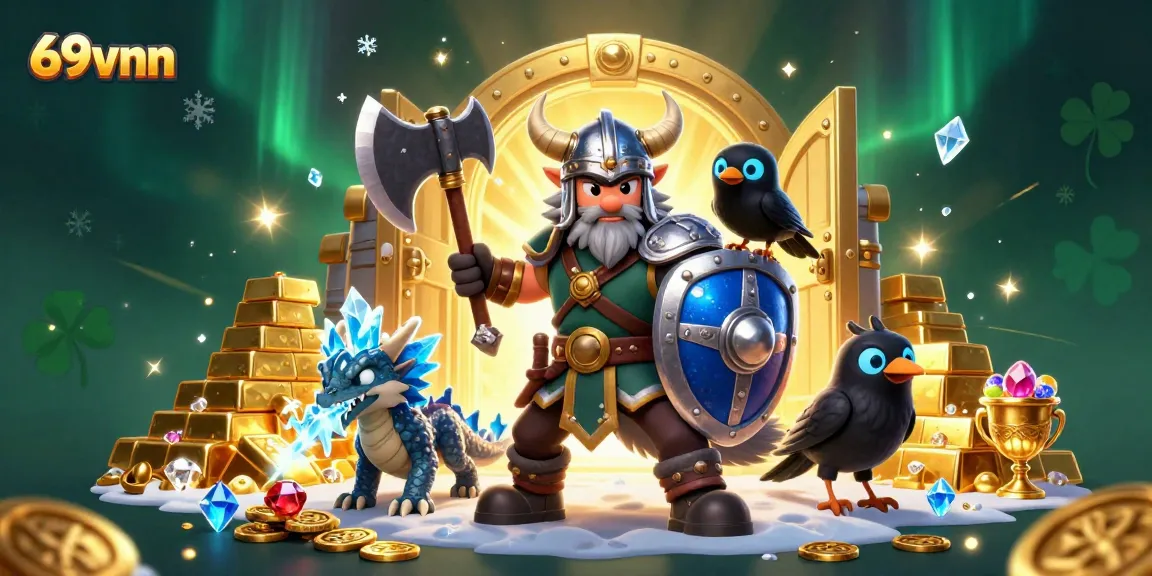 Engage with thrilling gaming at 69vnn featuring Viking and dragon characters in a vibrant treasure scene.