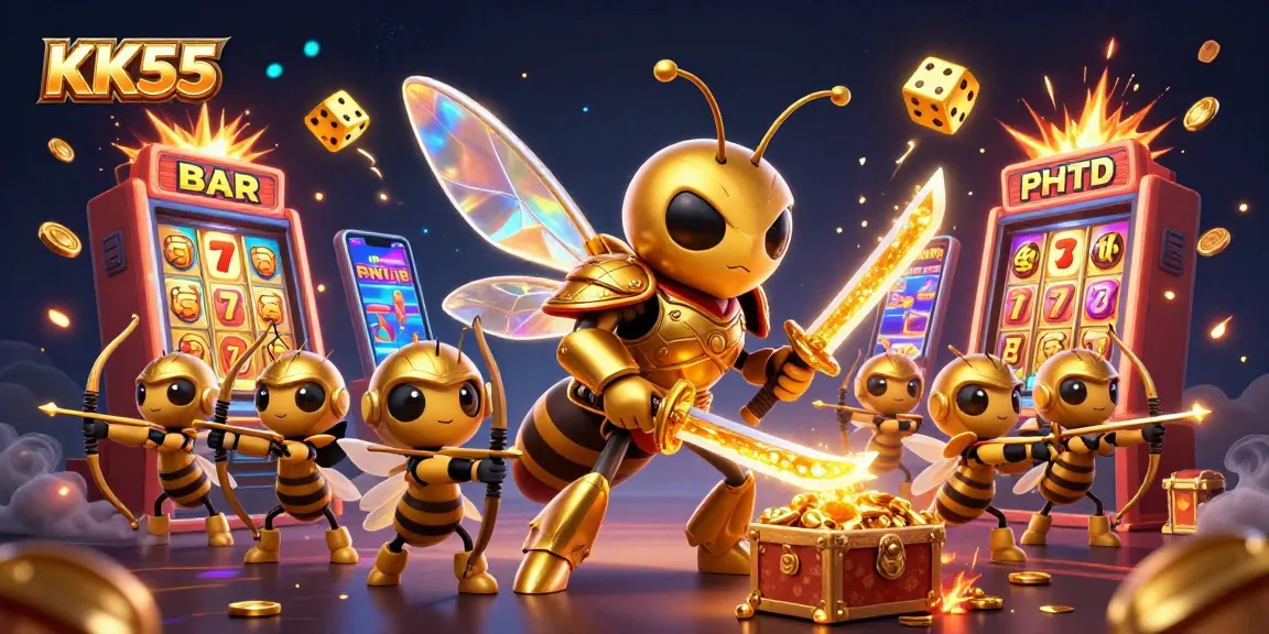 KK55 captures casino excitement with a dazzling 3D hornet in samurai armor amidst a jackpot explosion.
