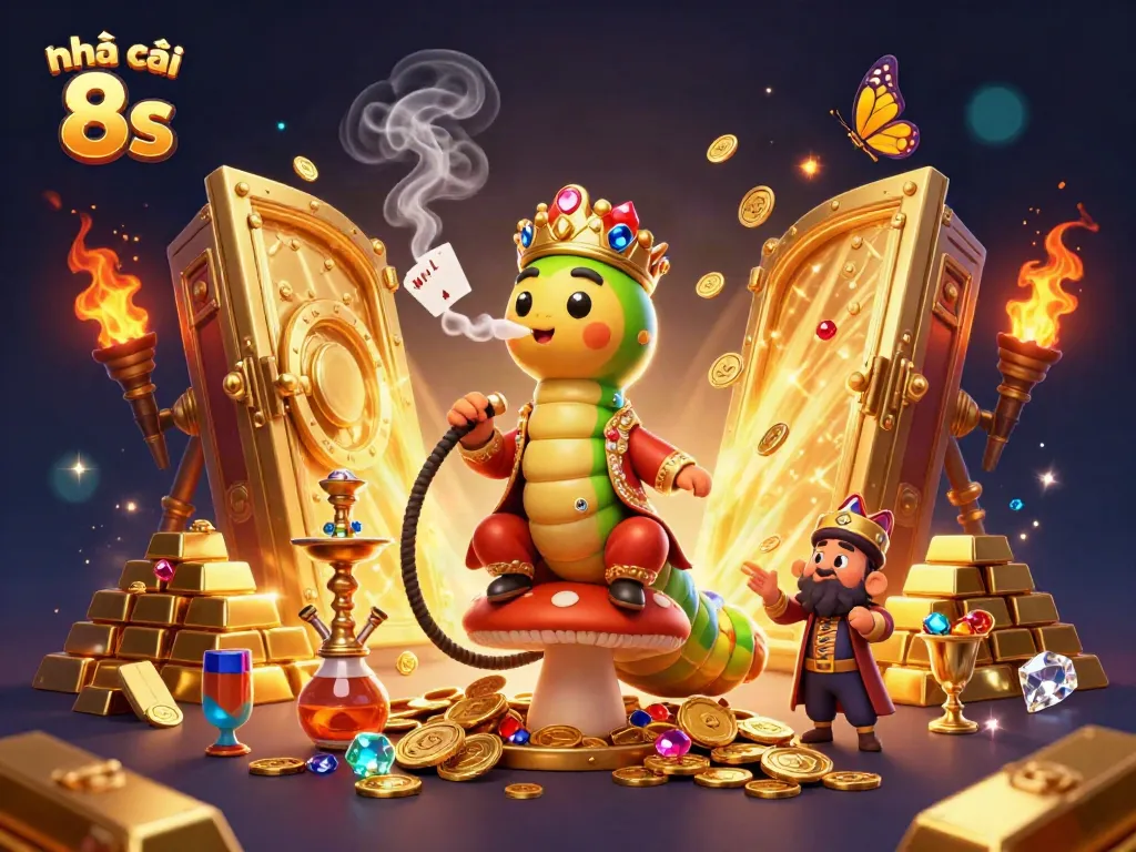 Experience the thrill of Nhà cái 8s with golden treasure and 3D characters in this vibrant casino scene.