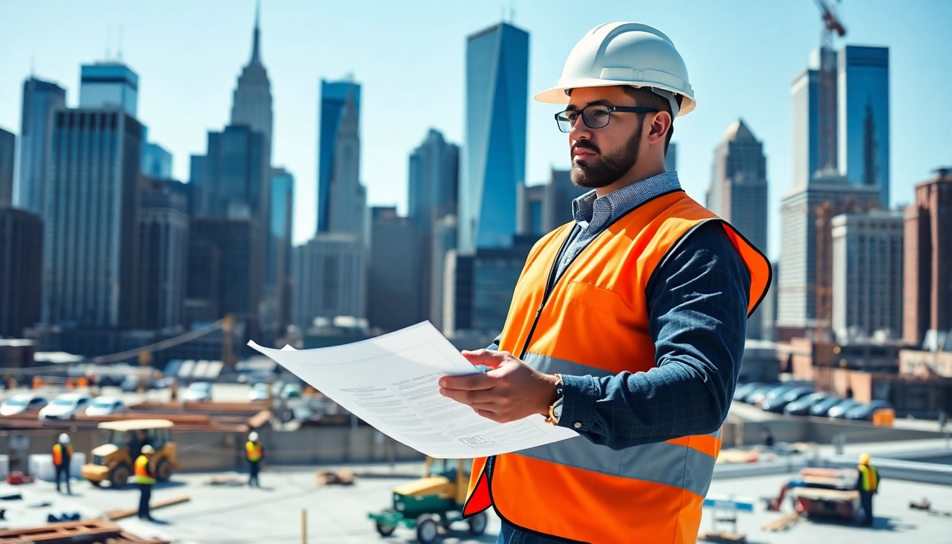 New York Construction Manager overseeing a bustling construction site in NYC.