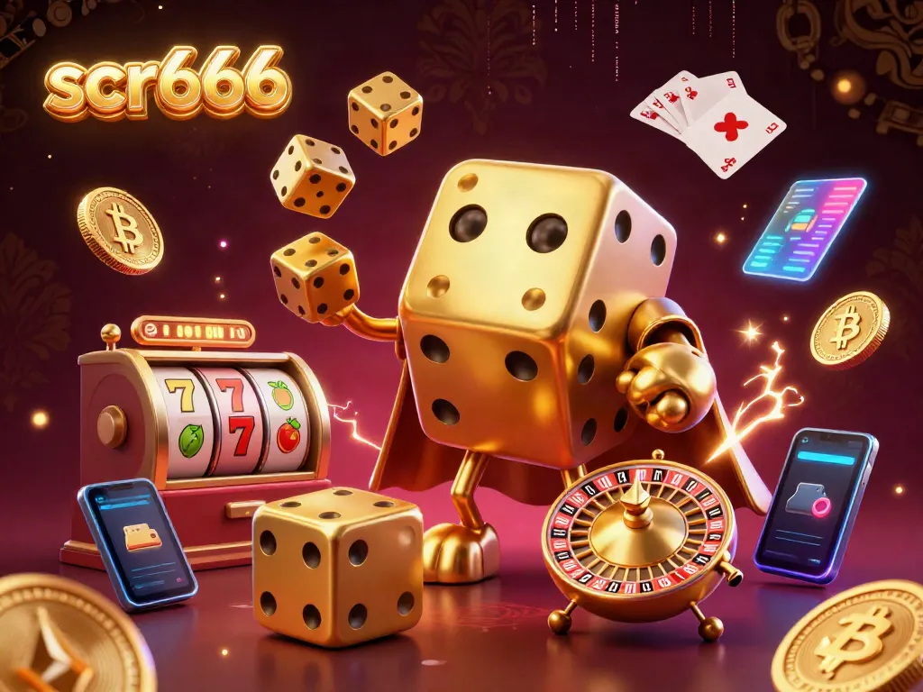 Experience the excitement of scr666 with energetic dice and crypto elements in this vibrant casino scene.