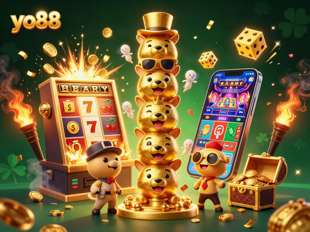Spin the reels and win big with yo88 in this vibrant casino illustration full of action.