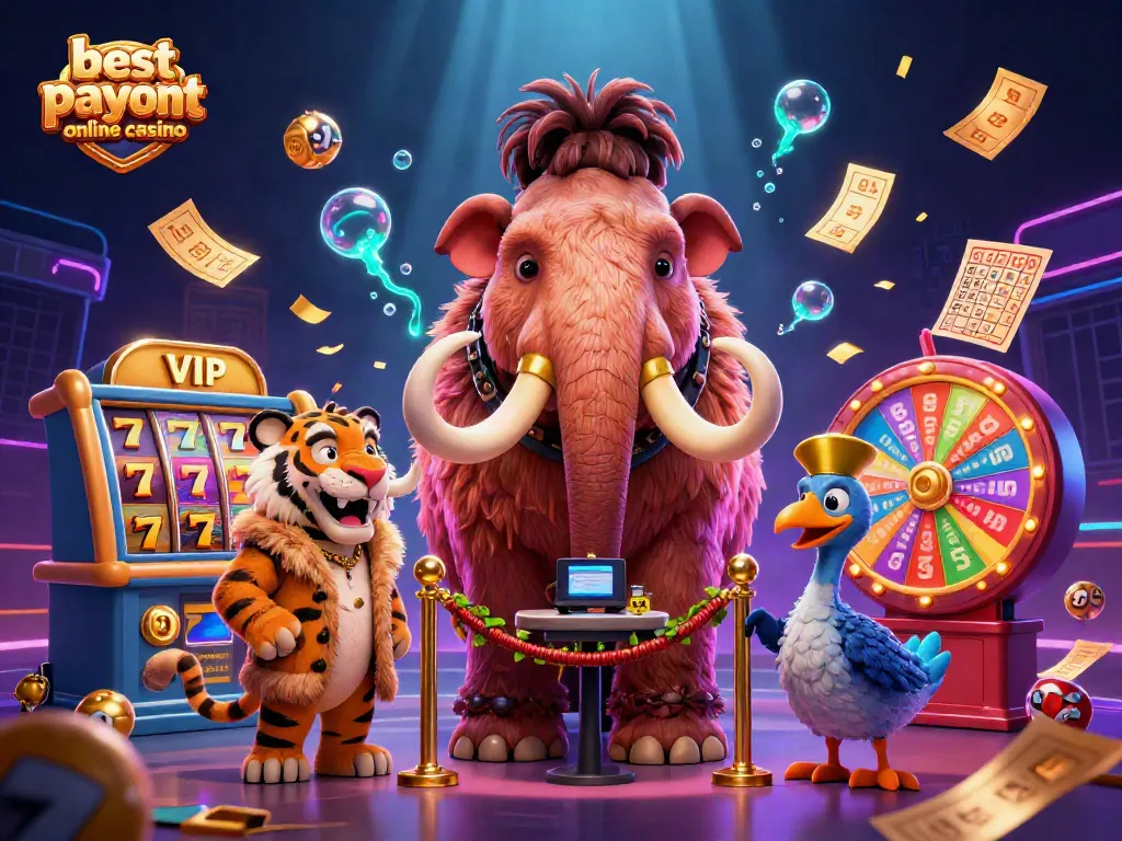 Engage with the best payout online casino scene featuring a woolly mammoth bouncer, saber-tooth tiger guest, and dodo doorman amidst dynamic gambling elements.