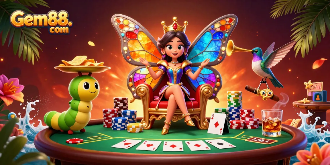 Experience thrilling wins at Gem88. com with a vibrant casino illustration featuring poker and games