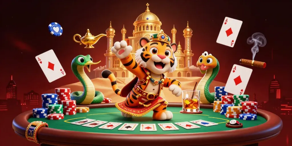 Experience the excitement of 8xbett with a dynamic tiger sultan on a poker carpet under a shimmering palace.