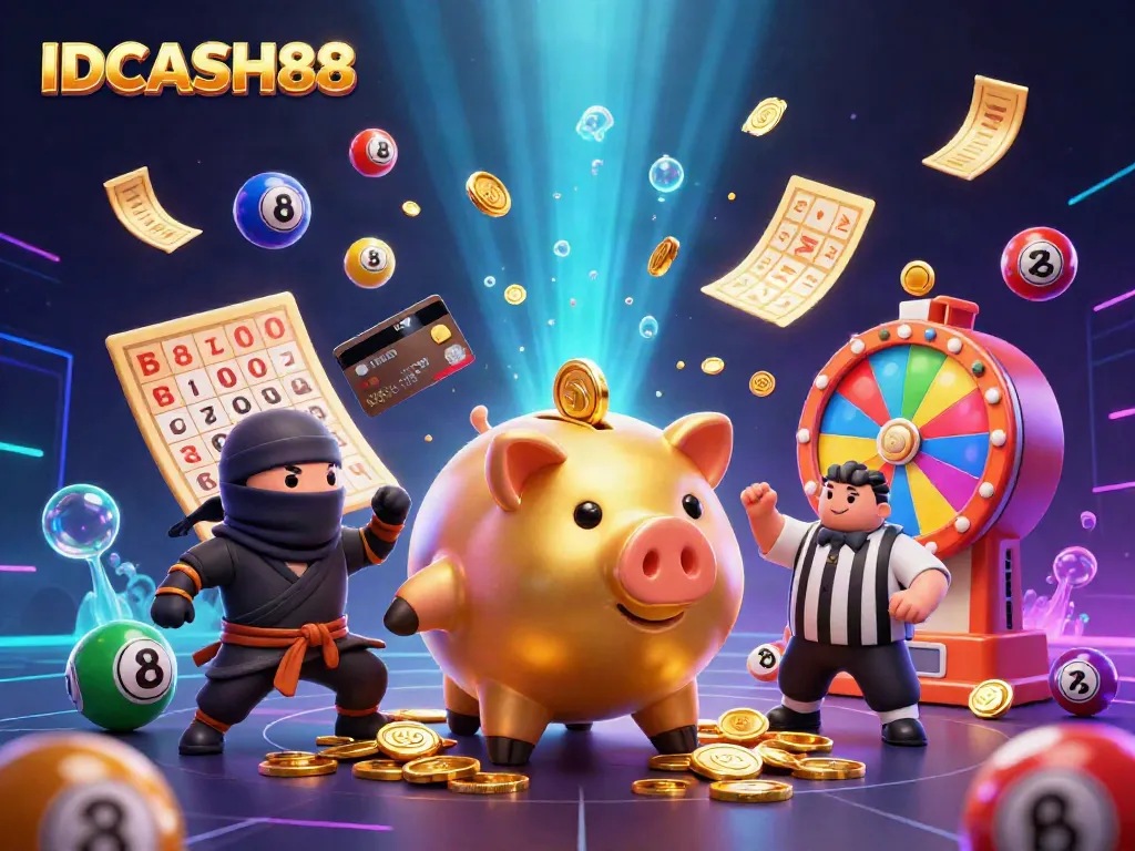 Engage with IDCASH88 through an energetic casino scene showcasing a piggy bank sumo wrestler and dynamic lottery elements.