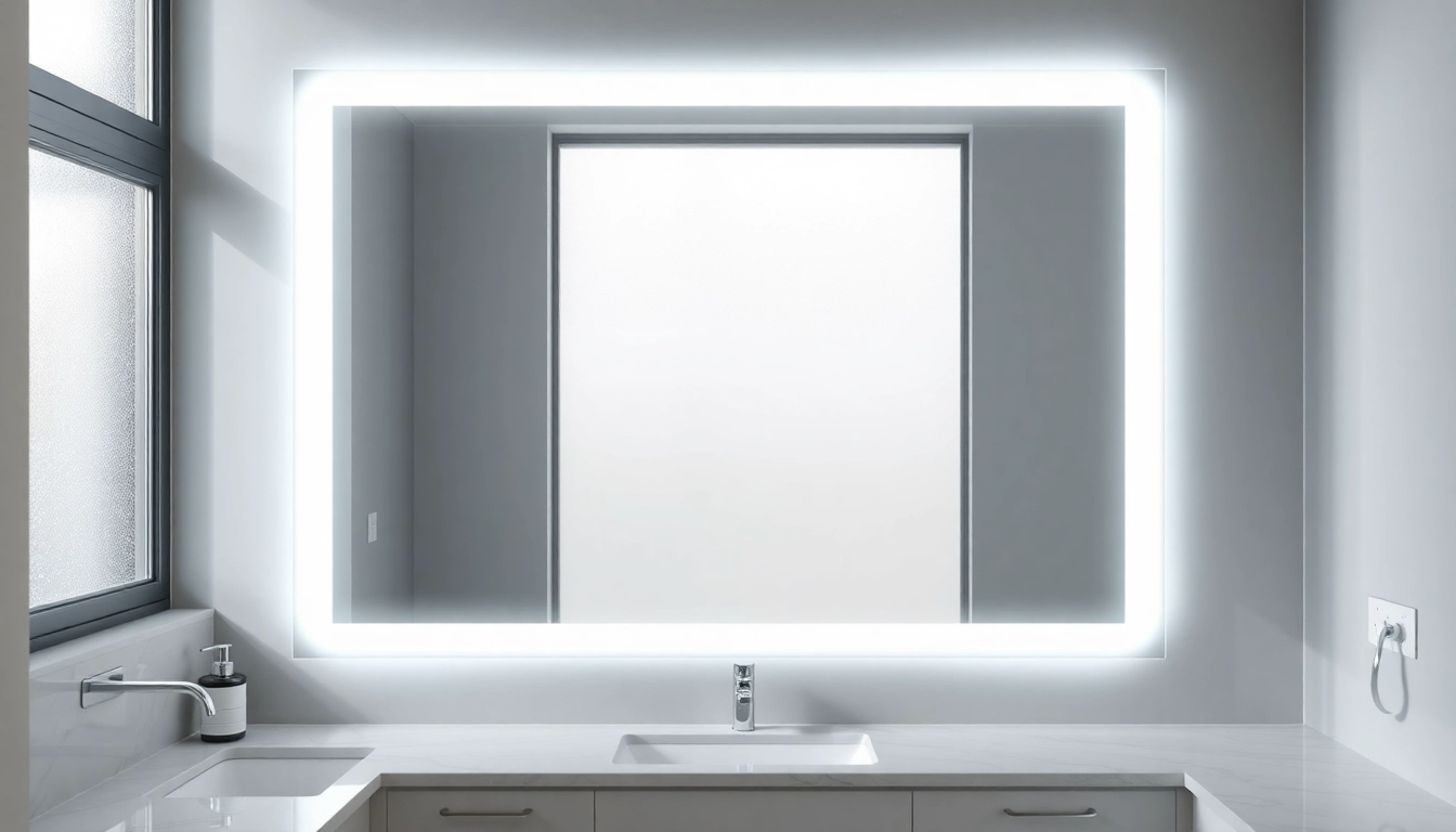 Bright LED mirror illuminating a modern bathroom with elegant decor