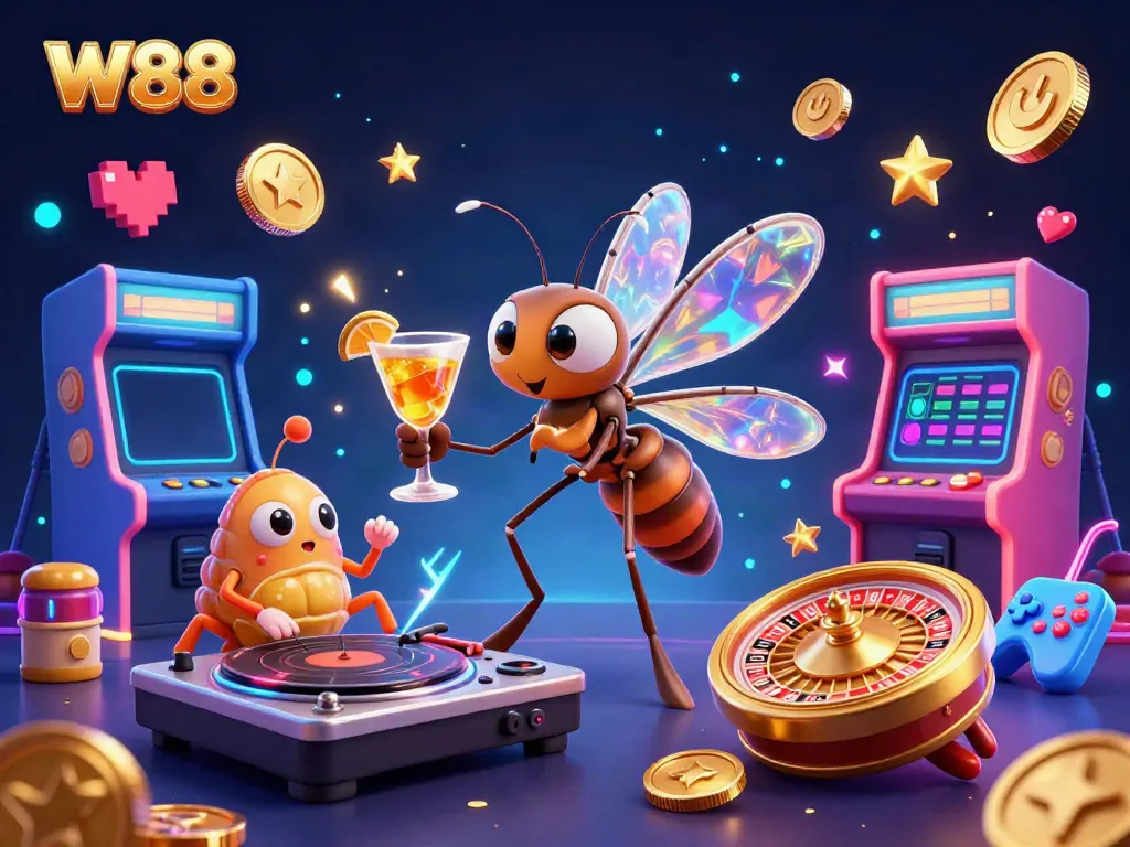W88 showcases its vibrant casino experience with an animated mosquito mascot and colorful gaming elements.