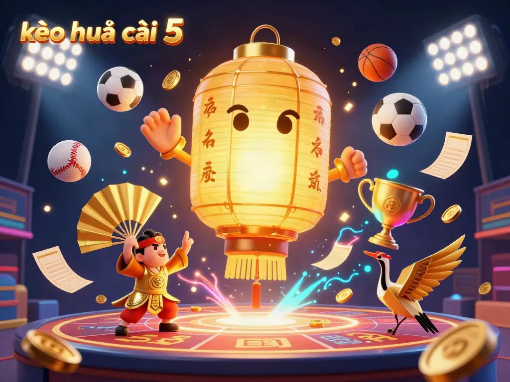 Experience thrilling sports betting with lively characters and dynamic elements in this kèo nhà cái 5 illustration.