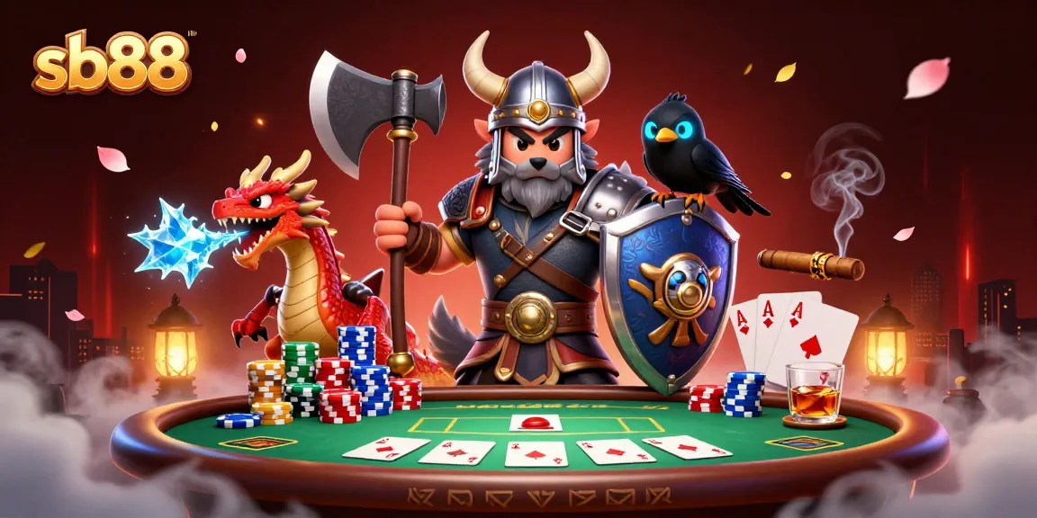 Engage in thrilling poker action with sb88's Viking warrior, dragon, and raven in a vibrant casino scene.