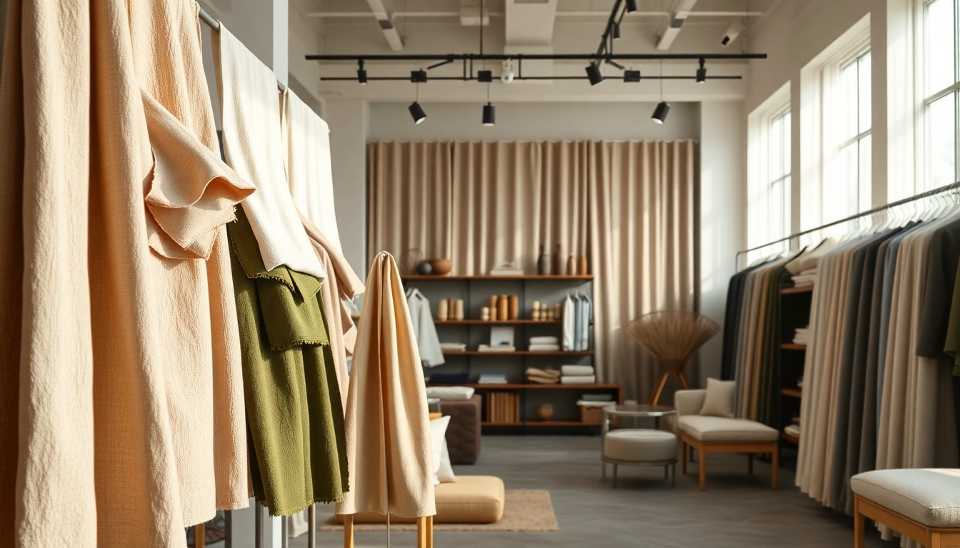 Bekijk goedkope linnen stoffen in een stijlvolle showroom met verschillende kleuren en texturen.