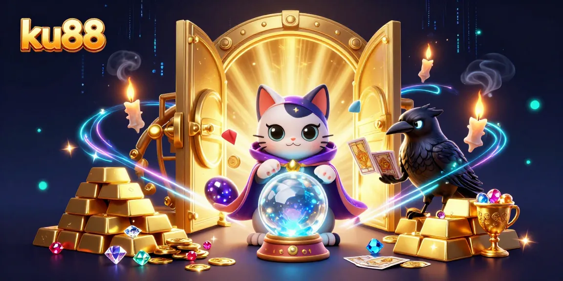 A dynamic scene showcasing ku88’s mystic symbols and treasures in a captivating 3D illustration.