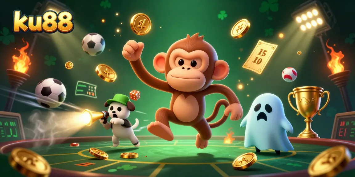 Engage with ku88 as the poltergeist monkey juggles golden casino treasures in a dynamic haunted scene.