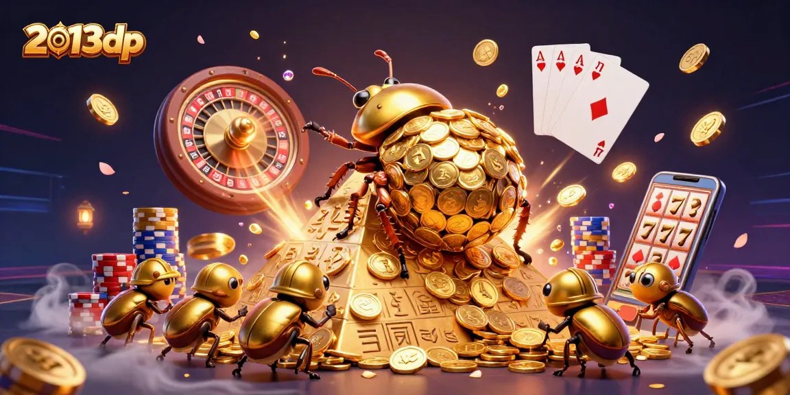 Experience thrilling gameplay with 2013dp as golden beetles roll coins amidst dynamic casino symbols.