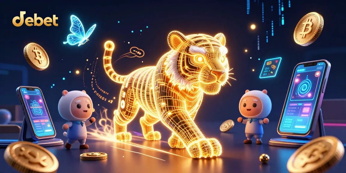Join the debet experience in this vibrant digital casino scene filled with neon energy and crypto elements.