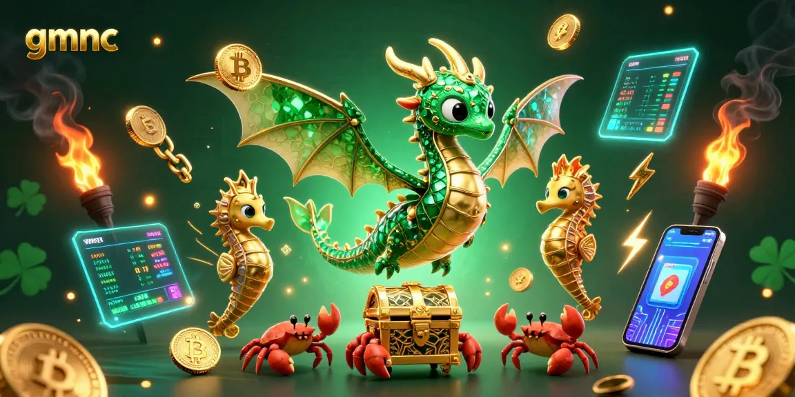 Engage with gmnc's vibrant 3D sea dragon casino scene amidst glowing crypto elements and dynamic treasures.