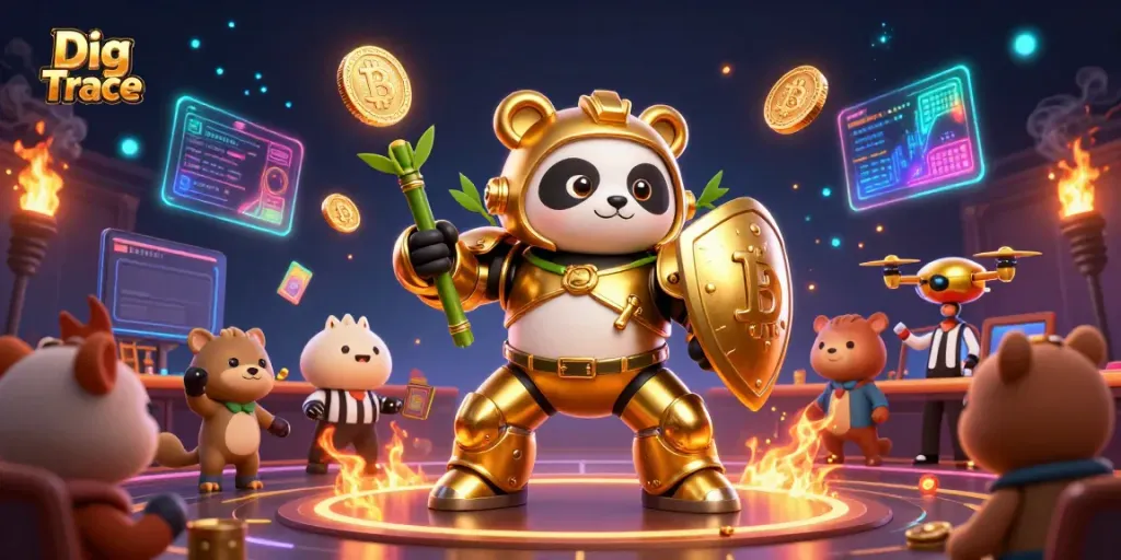 Engage with Dig Trace as a dynamic casino scene with a golden panda piloting a bamboo robot amidst vibrant crypto elements.
