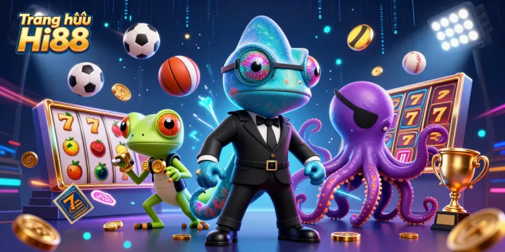 Experience thrilling slots action at Trang chủ Hi88 with dynamic characters and vibrant casino elements.